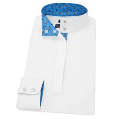 Essex Classics Girls "Roosters" Talent Yarn Straight Collar Long Sleeve Show Shirt -Best Equestrian Shop Essex.Classics Straight.Collar ESL35 W1 Blue.Roosters Straight Swatch 00